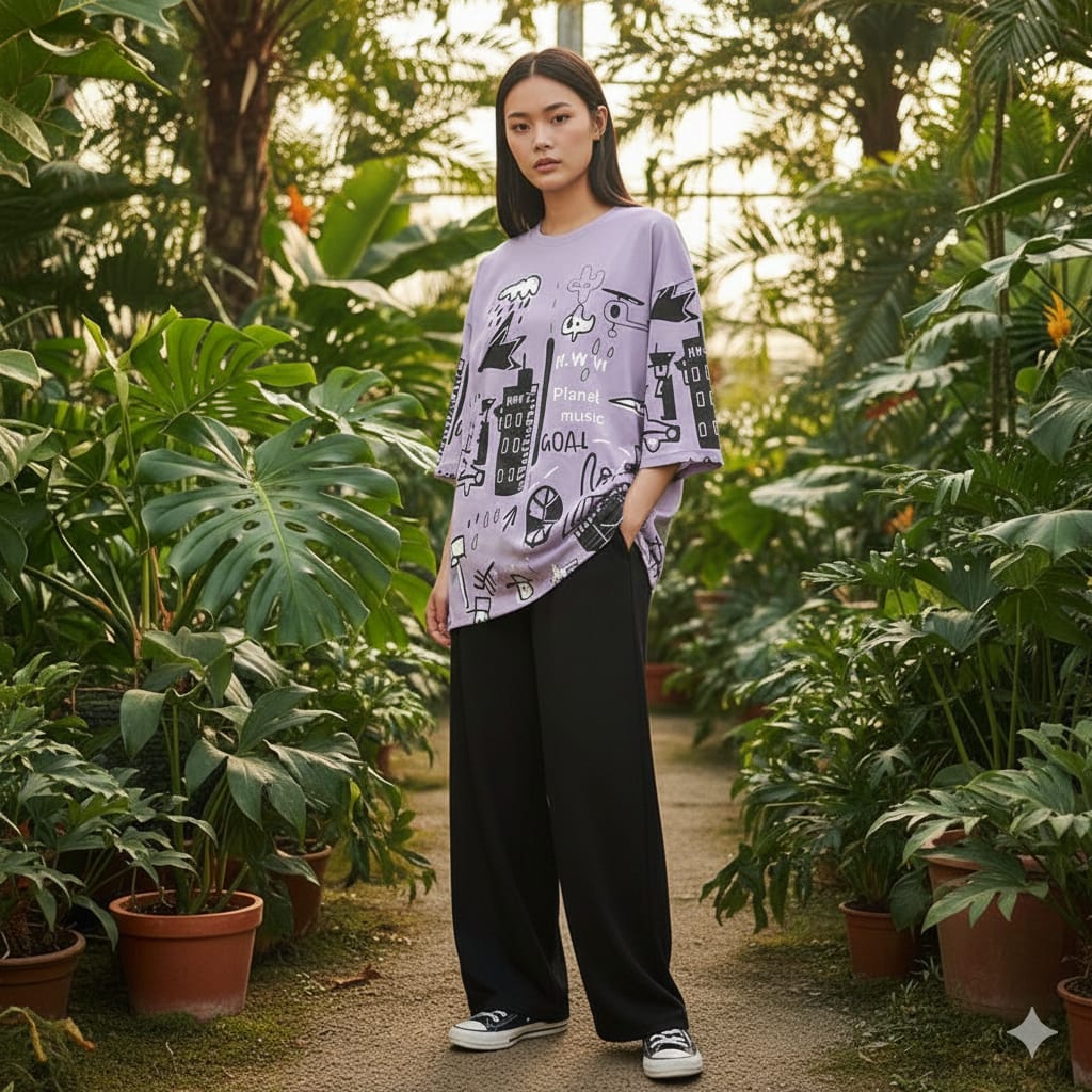 Purple Planet Music With Black Pajama Printed Night Suit