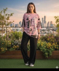 Pink Planet Music With Black Pajama Printed Night Suit