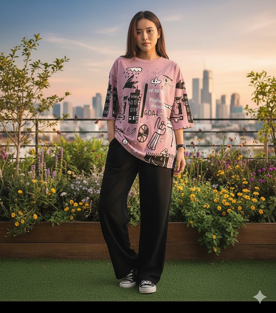 Pink Planet Music With Black Pajama Printed Night Suit