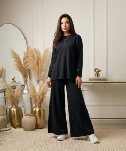 Elegant Black Co-Ord Set for Women – Loose Fit Top with Wide Leg Trousers