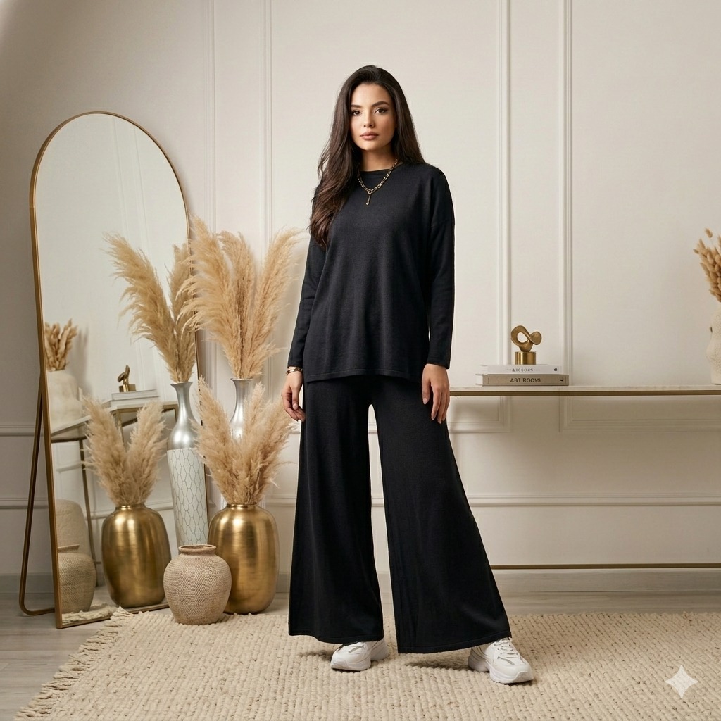 Elegant Black Co-Ord Set for Women – Loose Fit Top with Wide Leg Trousers