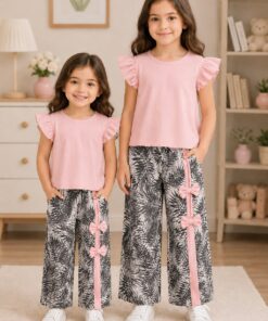 Baby Pink Ruffle sleeves Top with Side Bow Leaf Print Trouser Kids Wear
