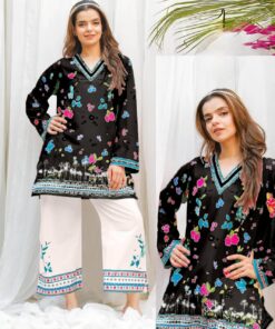 Black  Floral Print Kurti with Embroidered Culottes – 2 Piece Set