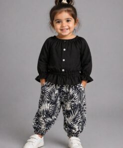 Black Puff Sleeves Top with Palm Leaf Trouser Kids Wear