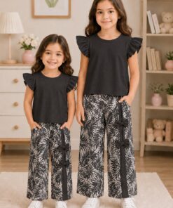 Black Ruffle sleeves Top with Side Bow Leaf Print Trouser Kids Wear