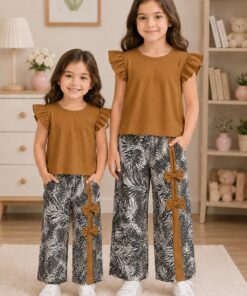 Brown Ruffle sleeves Top with Side Bow Leaf Print Trouser Kids Wear