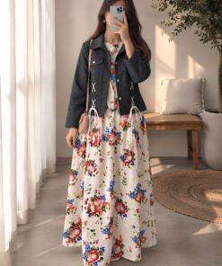Charcoal Grey Lace-Up Jacket & Cream Floral Maxi Dress Two-Piece Set