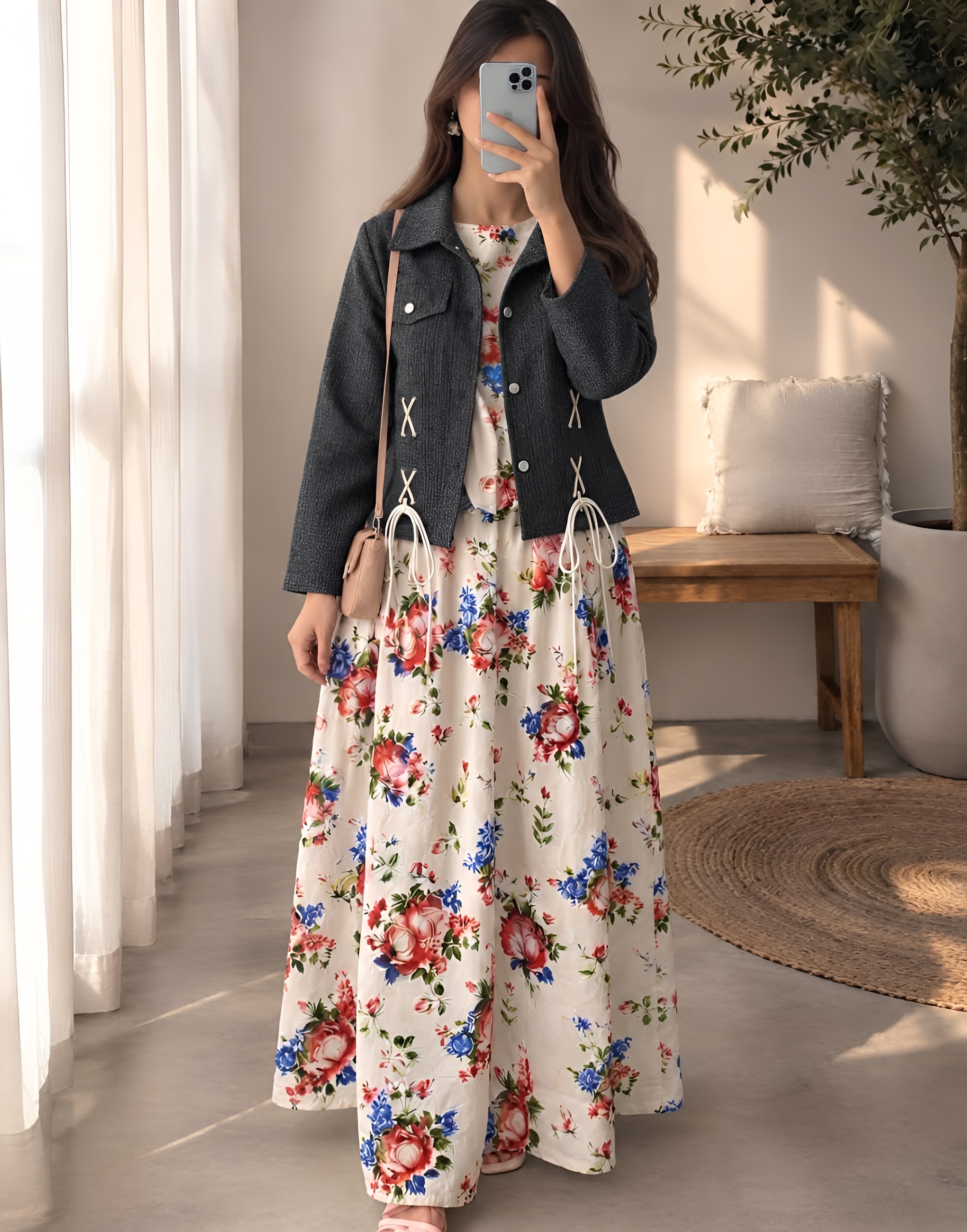 Charcoal Grey Lace-Up Jacket & Cream Floral Maxi Dress Two-Piece Set