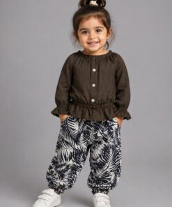 Dark Brown Puff Sleeves Top with Palm Leaf Trouser Kids Wear
