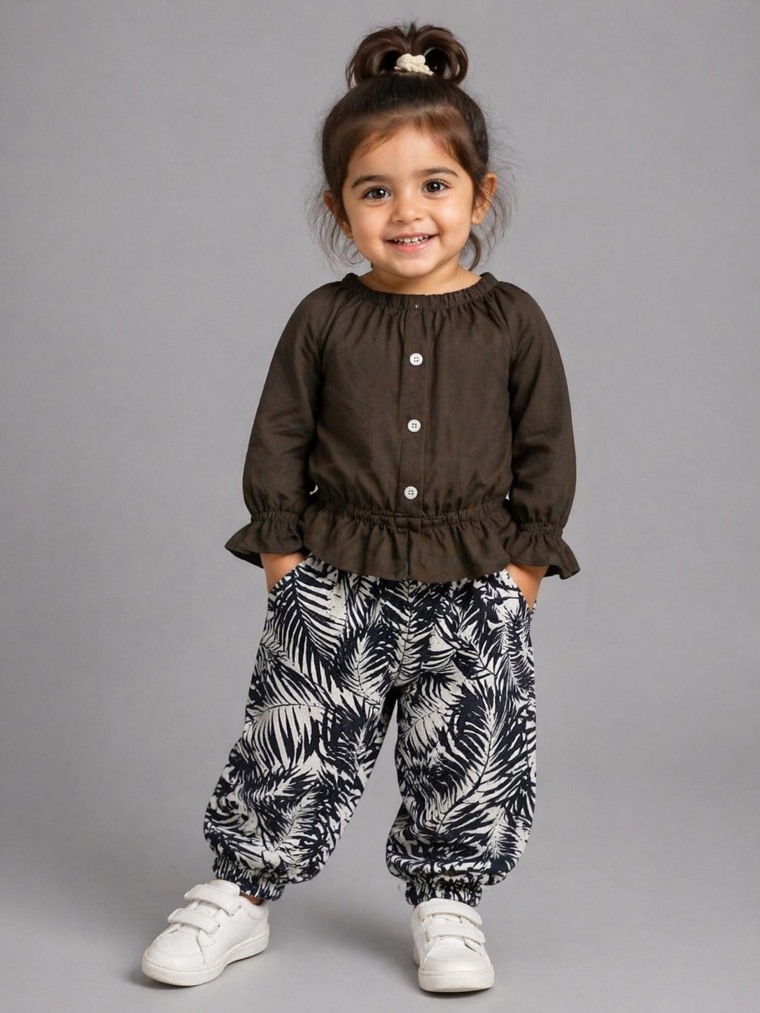 Dark Brown Puff Sleeves Top with Palm Leaf Trouser Kids Wear