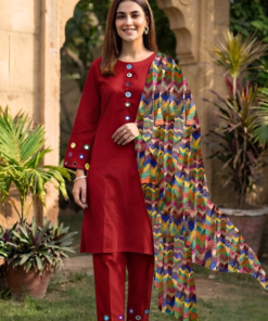  Deep Ruby Red Neckline,Sleeves And Farshi Shalwar Bottom With ZigZag Multi Printed Dupatta 3Pcs