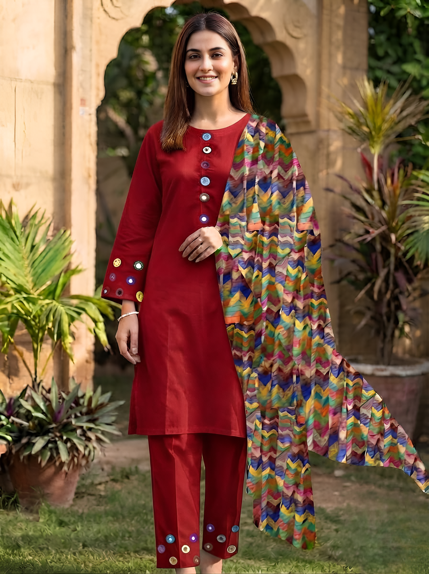 Deep Ruby Red Neckline,Sleeves And Farshi Shalwar Bottom With ZigZag Multi Printed Dupatta 3Pcs