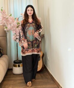 Earth & Emerald Abstract Printed V-Neck Kurti  Co-ord Set – 2 Piece