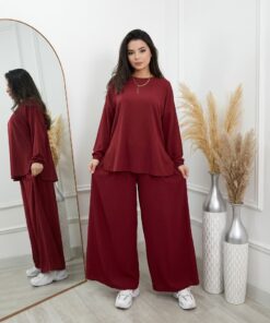 Elegant BMaroon Co-Ord Set for Women – Loose Fit Top with Wide Leg Trousers