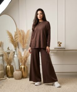Elegant Brown Co-Ord Set for Women – Loose Fit Top with Wide Leg Trousers
