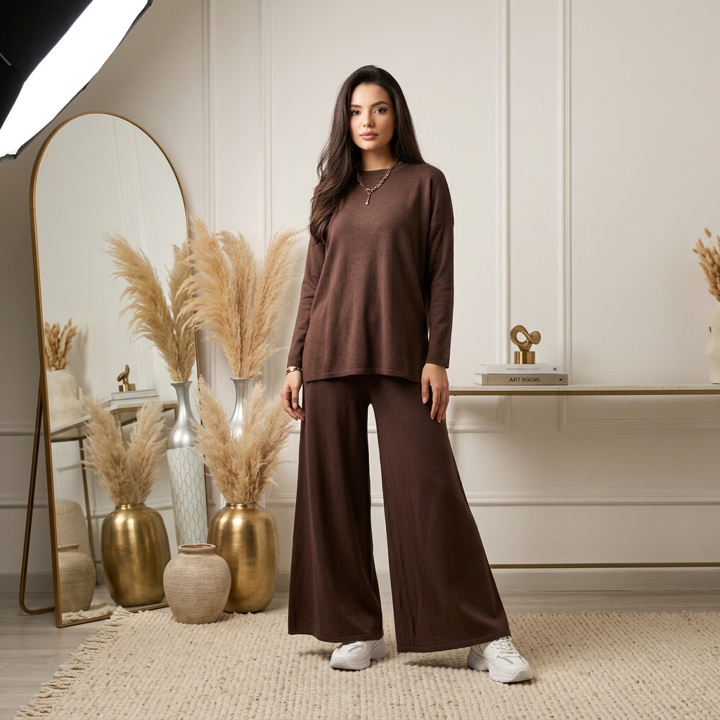 Elegant Brown Co-Ord Set for Women – Loose Fit Top with Wide Leg Trousers