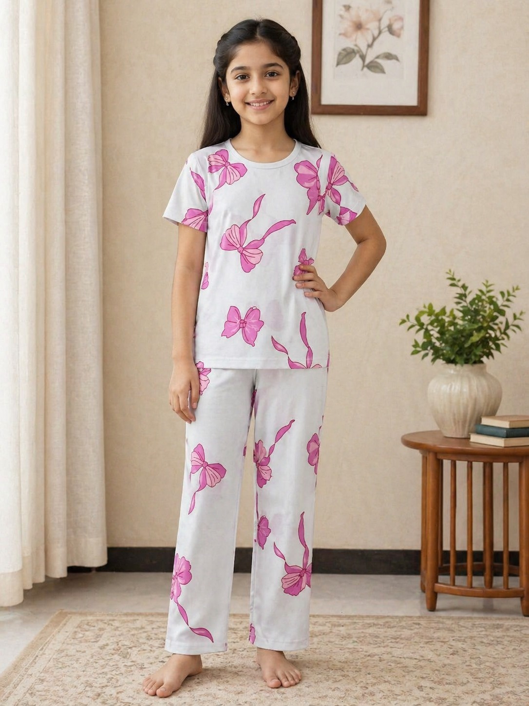 2-Piece Pink Bow Print Pajama Set