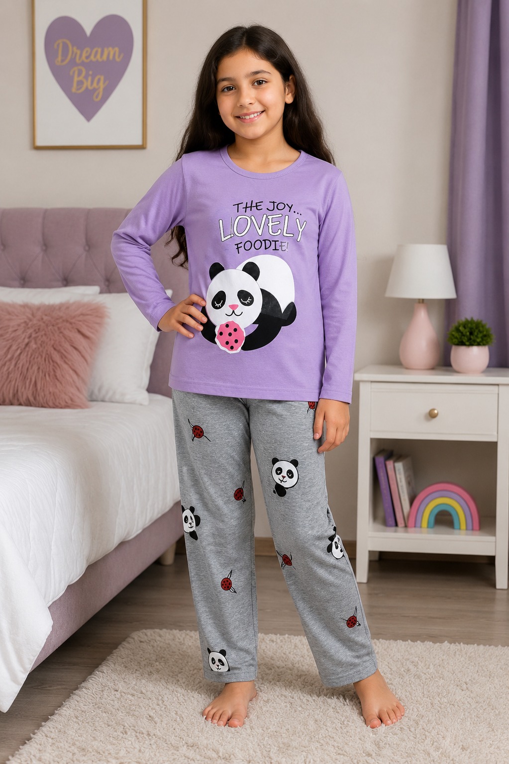 Girls 2-Piece Purple Graphic Panda Pajama Set