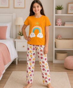 Girls 2-Piece  Yellow Rainbow & Floral Pajama Set