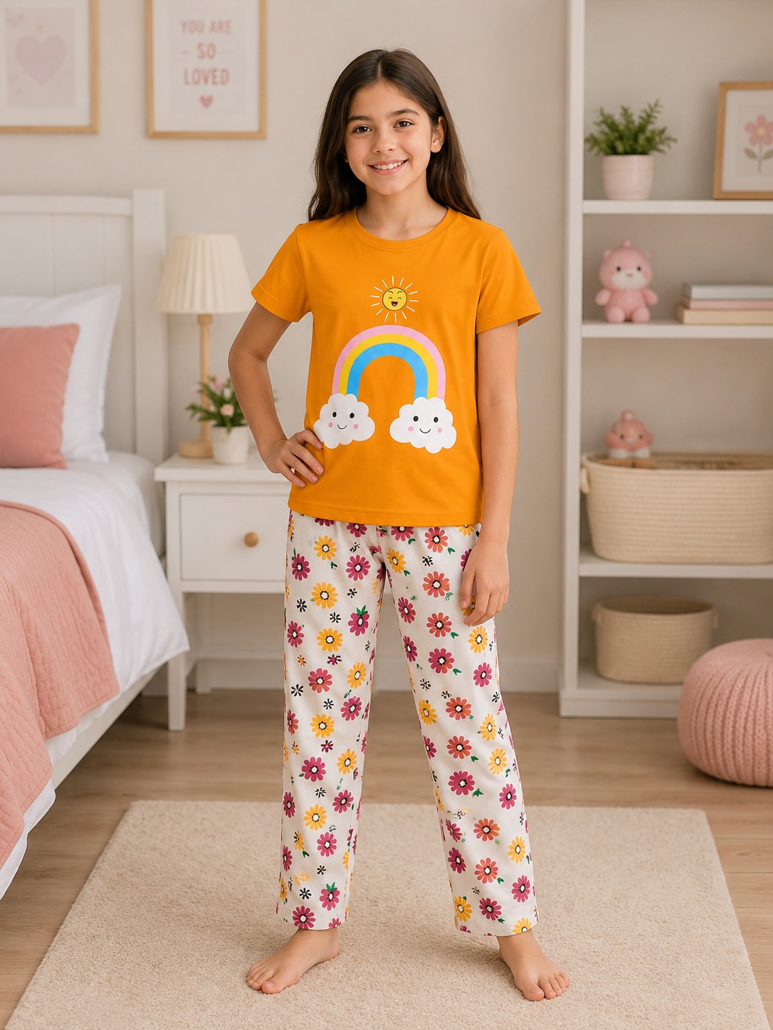 Girls 2-Piece Yellow Rainbow & Floral Pajama Set