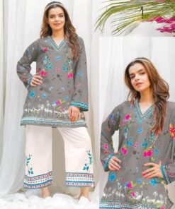 Gray  Floral Print Kurti with Embroidered Culottes – 2 Piece Set