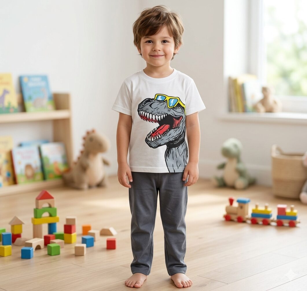 Grey and White Dinosaur Print T-shirt and Trouser Kids Wear