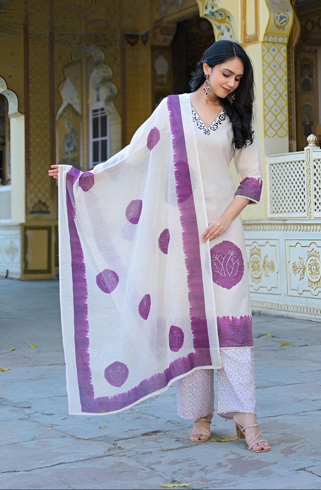 Ivory & Amethyst Purple Printed 3-Piece Suit