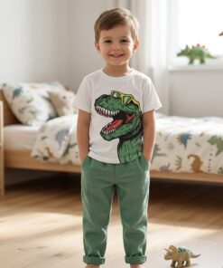 Light Green and White Dinosaur Print T-shirt and Trouser Kids Wear