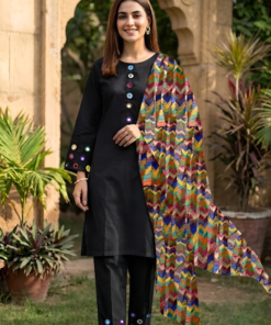 Midnight Black  Neckline,Sleeves And Farshi Shalwar Bottom With ZigZag Multi Printed Dupatta 3Pcs