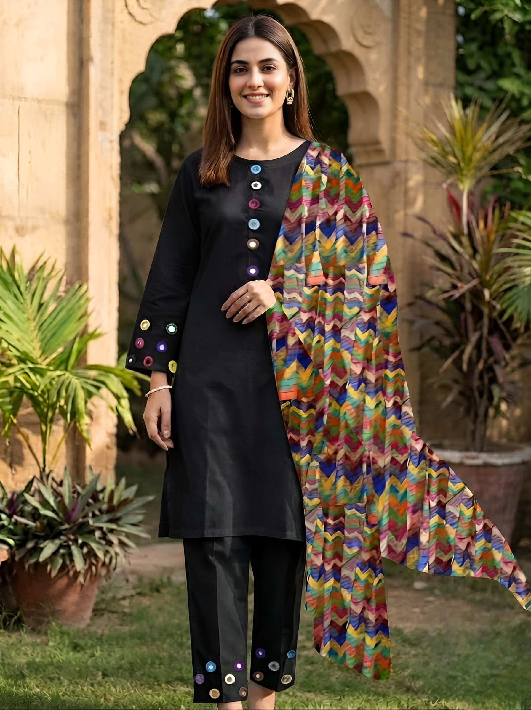 Midnight Black Neckline,Sleeves And Farshi Shalwar Bottom With ZigZag Multi Printed Dupatta 3Pcs