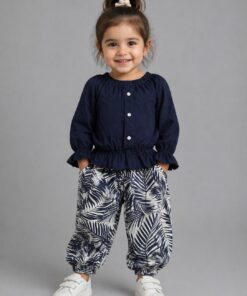 Navy Blue Puff Sleeves Top with Palm Leaf Trouser Kids Wear