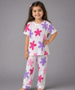 Off White Multi Pink and Purple Flowers Print Kids Wear