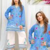 Sky Blue Floral Print Kurti with Embroidered Culottes – 2 Piece Set