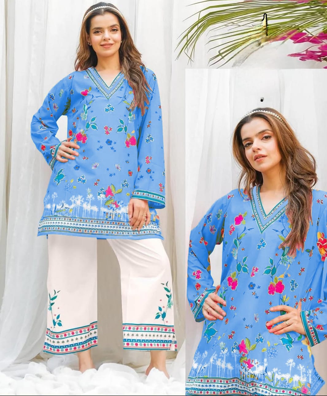 Sky Blue Floral Print Kurti with Embroidered Culottes – 2 Piece Set