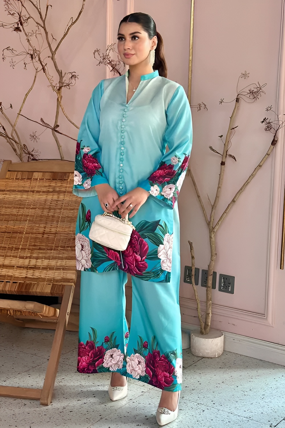 Turquoise & Magenta Peony Printed Fapper 2Pc