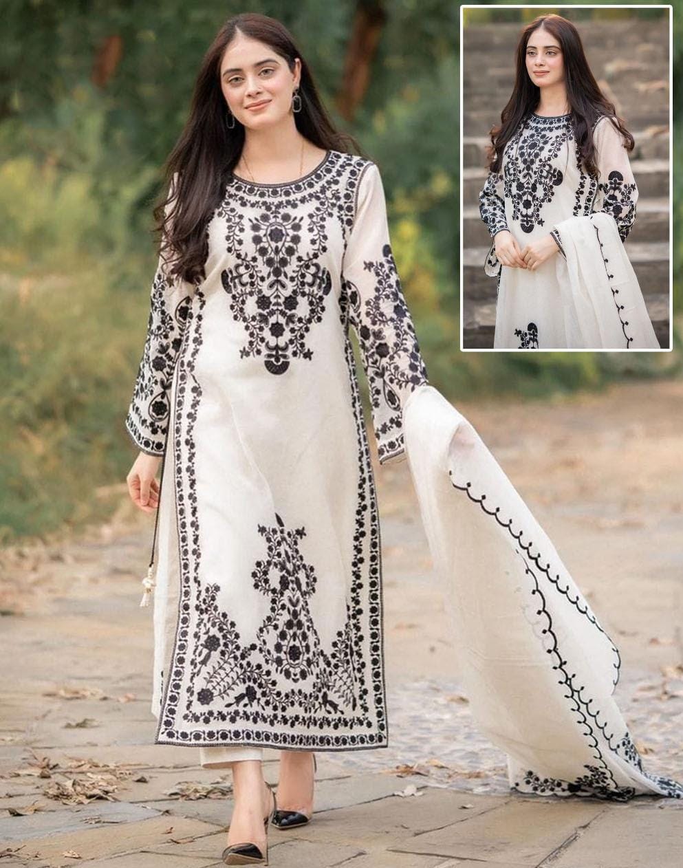 Embroidered 3-Piece Suit – Ivory & Black