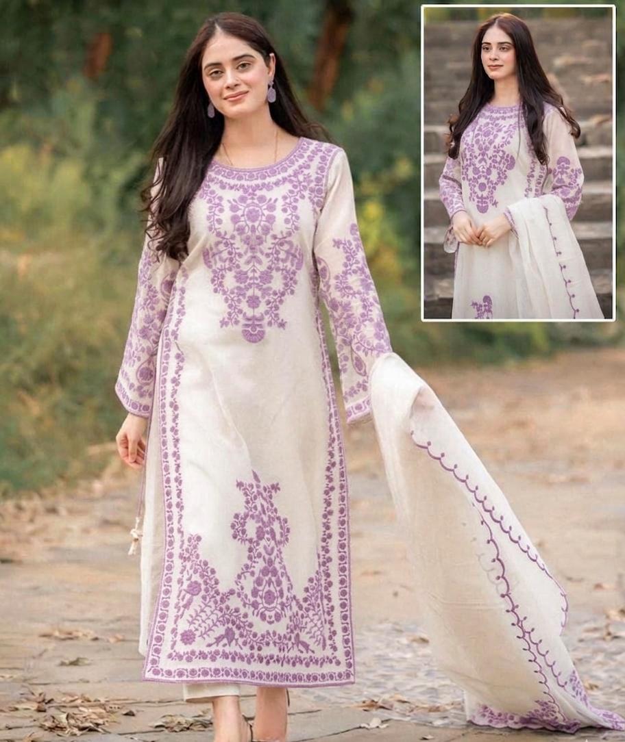 Embroidered 3-Piece Suit – Ivory & Lavender