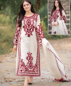 Embroidered 3-Piece Suit – Ivory & Maroon
