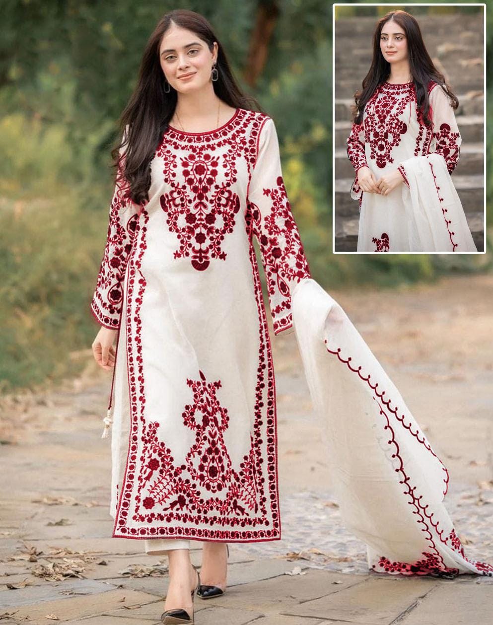 Embroidered 3-Piece Suit – Ivory & Maroon