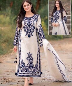 Embroidered 3-Piece Suit – Ivory & Navy Blue