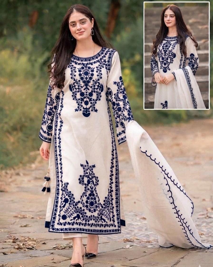 Embroidered 3-Piece Suit – Ivory & Navy Blue