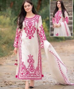 Embroidered 3-Piece Suit – Ivory & Shocking Pink