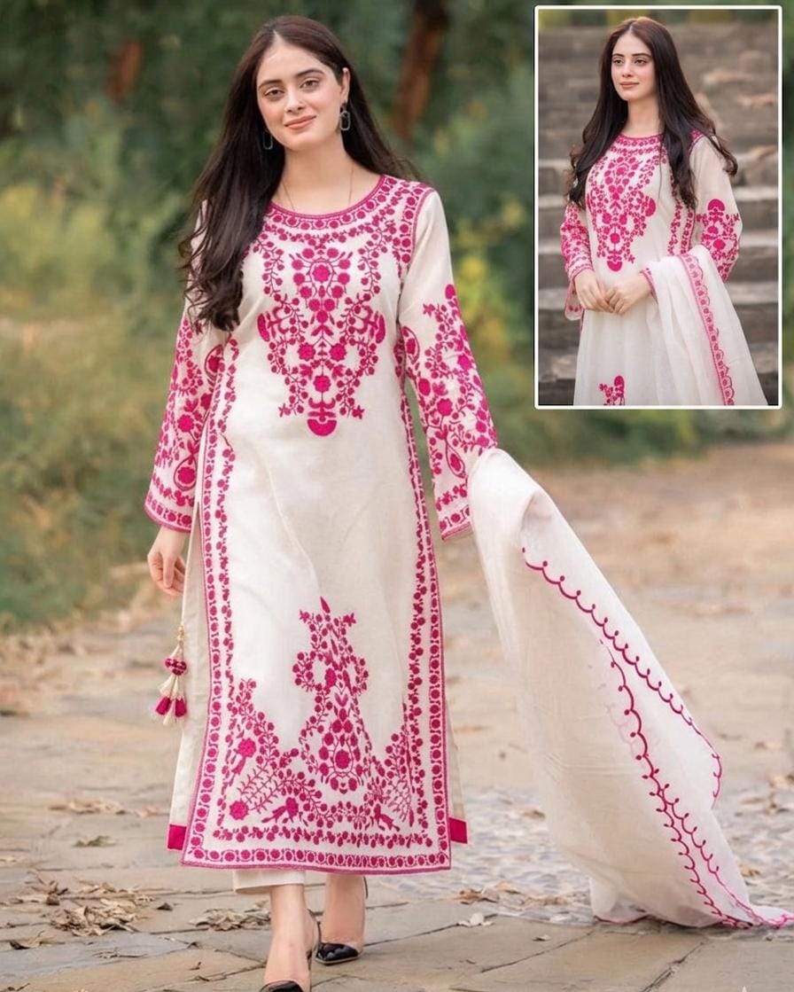 Embroidered 3-Piece Suit – Ivory & Shocking Pink
