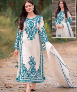Embroidered 3-Piece Suit – Ivory & Teal
