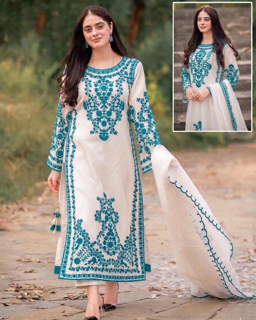 Embroidered 3-Piece Suit – Ivory & Teal