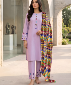 Lavender & Multi-Color Prism  Neckline Sleeves And Farshi Shalwar Bottom With ZigZag Multi Printed Dupatta 3Pcs