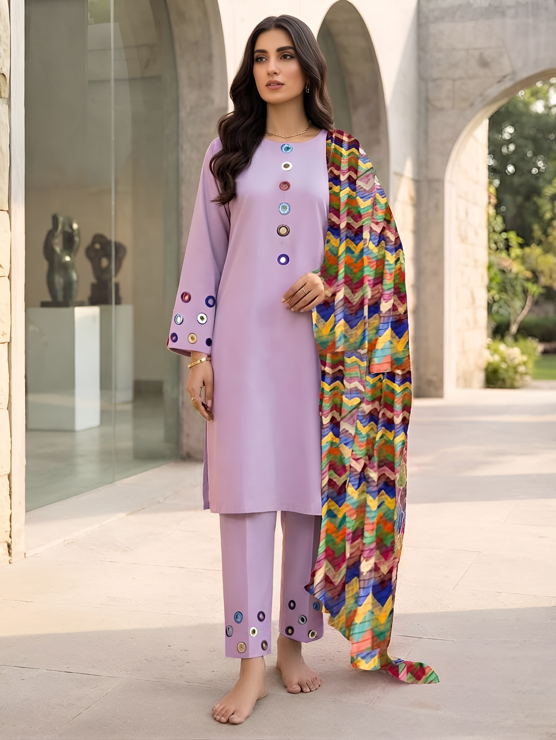 Lavender & Multi-Color Prism Neckline Sleeves And Farshi Shalwar Bottom With ZigZag Multi Printed Dupatta 3Pcs