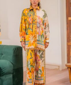 Mustard Yellow Cream Dual Tone Floral Button Work 2Pc
