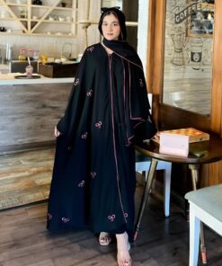 Black Nida Gown with Candy Pink Bows & stoller Set Abaya