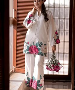 Crisp White & Crimson Rose  Printed Fapper 2Pc
